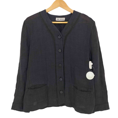 イッセイミヤケ ISSEY MIYAKE 1997 90s リネン ノーカラーベースボールシャツ ジャケット レディース JPN:M